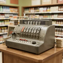 the inside of a 1 9 2 8 grocery store with a national cash register from 1 9 0 4 on the desk. hyper - realistic, realistic color 3 d render