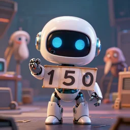 cute anthropomorphic robot holding sign saying'1 5 0 ', hdr, 4 k, much wow, much detail, epic, gorgeous, cute, cinematic, by jarlan perez and by jack viant