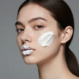 stunning beautiful model with yoghurt on lip and cheek