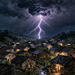 detailed background, old village, night, a dark thunderstorm, leonidas, lightning, rain, highly detailed, high quality, digital painting, by gaston bussiere, j. c. leyendecker, craig mullins