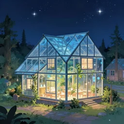 quaint glass house village in the stars, futuristic animation