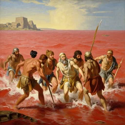 illustration of Israelites crossing the Red Sea, realistic painting, classical painting, high definition, digital art, matte painting, very detailed, realistic