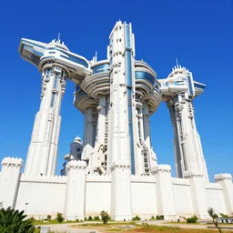 giant big detail megastructure white wall fortress   borderland style vivid colorful  Hyperrealistic CGI Photorealistic cinematic volume lighting blue blue sky fanart on ArtStation  concept art