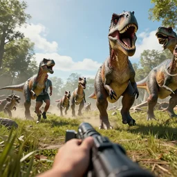 realistic photo first person perspective, dinosaurs attacking and chasing me, professional photography, high detail, cinematic lighting