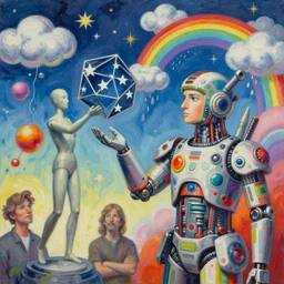 surreal gouache painting, by antoine blanchard, conrad roset, by kilian eng, by good smile company, incredibly detailed, of floating molecules and a mannequin statue holding an icosahedron with stars, clouds, and rainbows in the background, cgsociety, artstation, modular patterned mechanical costume and headpiece, retrowave atmosphere