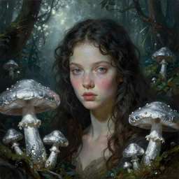 a close - up neoclassicist portrait of an alien girl surrounded by silver mushrooms in a jungle. reflective textures. glowing fog in the background. highly detailed fantasy science fiction painting by norman rockwell, frank frazetta, and syd mead. rich colors, high contrast, gloomy atmosphere, dark background. trending on artstation