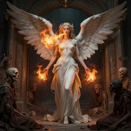 a beautiful face angelic woman standing at the entrance gate of hell and spitting fire balls, lost souls in front of her, fantasy art, art by greg rutkowski and artgerm, amazing detail, hd, illustration, epic, intricate, elegant, artstation, concept art, smooth, sharp focus, cinematic, full body shot