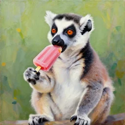 a bright happy juxtapoz oil painting of a lemur eating a popsicle