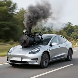 Steam engined Tesla Model 3 on a rural highway