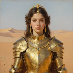 young dejah thoris on mars wearing detailed plate armor made of gold, portrait, extreme close - up, high noon, gold jewelry, elegant small tiara, giant sand dunes to the horizon, fantasy, painterly, oil painting on canvas, by sargent, alphonse mucha, arthur henri, lane brown