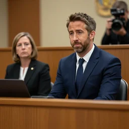 news photo of ryan reynolds in courtroom on trial, lawyer sitting beside him, highly detailed, extremely high quality, hd, 4 k, 8 k, professional photographer, 4 0 mp, lifelike, top - rated, award winning, realistic, detailed lighting, detailed shadows, sharp, no blur, edited, corrected, trending