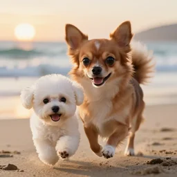 a photorealistic closeup image of a cute brown long haired chihuahua cocker spaniel dog chasing a happy white bichon frise puppy on the beach. sunset, surf. brightly lit. extreme detail. unreal engine