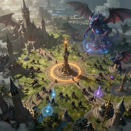 aerial long shot fantasy battlefield with knights versus demons with magic and terror beasts, digital art, detailed, art station, render, volumetric light