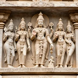hindu gods and goddesses posing together, carved in a temple