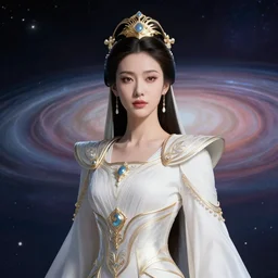 portrait of the powerful empress of the solar system in the style of tooth wu. glowing, ornate and intricate linework, stunning, dynamic lighting, ultrafine and hyperdetailed.