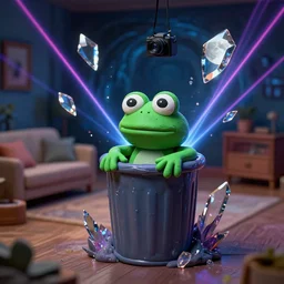 plasticine wet shiny angles, crystal, moonlit, mirrors, camera angled dramatically, realistic, neon lasers, pepe the frog, close up, diorama portrait of a trashcan being abducted by aliens in the living room of a house, floating dark energy surrounds them. there is one large trashcan to the side of the room, a wormhole surrounded by a background of dark cyber mystic