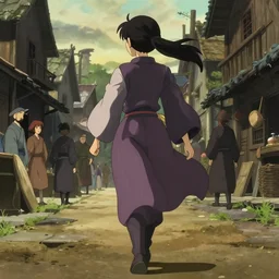 murata range, key anime visual portrait of a young female in robe walking through a busy medieval village, dynamic pose, dynamic perspective, cinematic, dramatic lighting, detailed silhouette, anime proportions, last exile, ghibli