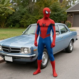 spiderman stand next to opel sedan