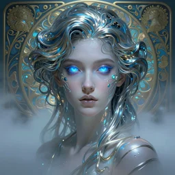 a pretty woman with glowing blue eyes and hair made of liquid metal surrounded by an environment designed by Joe Fenton, fog, volumetric lighting, intricate, elegant, highly detailed, digital painting, artstation, concept art, smooth, sharp focus, art nouveau, art by artgerm and raymond swanland and alphonse mucha