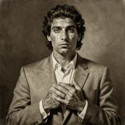 photorealistic sepia painting of a male in a grey suit, nabatean aramaic tattoos on his face and hands, by richard corben, atmospheric lighting, brooding, painted, intricate, ultra detailed, well composed, best on artstation, cgsociety, epic, stunning, gorgeous, intricate detail, much wow, masterpiece, cinematic aesthetic octane render, 8 k hd resolution,