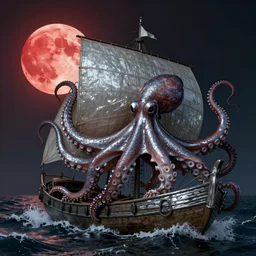 the age of discovery, red moon over stormy ocean, a gigantic octopus wrapped around a 1 5 th century sampan boat, dappled silver lighting, atmospheric, highly detailed, by ohara koson, utagawa kuniyoshi, kawanabe kyosai, hasui kawase