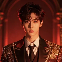 jungkook jeon as a vampire. wearing intricate styled suit, semi realism, anime realism, korean symmetrical face, slim face, appealing, bright eyes, slightly larger nose, photorealism, korean, korean korean uhd, amazing depth, glowing, golden ratio, sakimichan, greg rutowski, volumetric lighting, cinematic lighting, red orange lighting, artstation concept art