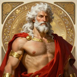 painted portrait of rugged zeus, god of thunder, greek god, white hair, masculine, mature, handsome, upper body, red and gold, gold cuffs, muscular, hairy torso, fantasy, intricate, elegant, highly detailed, digital painting, artstation, concept art, smooth, sharp focus, illustration, art by gaston bussiere and alphonse mucha