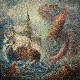 Epic battle between a ship and a giant squid as a painting by Louis Philippe Crepin. 8k octane beautifully detailed render, post-processing, extremely hyper-detailed, intricate, epic composition, highly detailed attributes, highly detailed atmosphere, cinematic lighting, masterpiece.