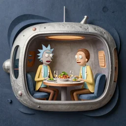 rick and morty having dinner in spaceship metallic, layered paper style