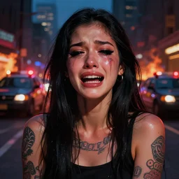 digital painting of a streetwear woman with mascara, cryiing, a city burns in the background, police lights, distress, tattoos, dark glitter, Cinestill 50d, 4k, 8k, hd, full color, octane render, trending on artstation, highly detailed