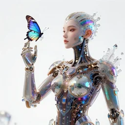 futuristic humanoid, peacefully looking at butterfly, intricate complex circuitry and iridescent microchips, colorful, crystal, imposing gesture, highly detailed body, powerful and magical, ornate, photorealistic camera shot, bright studio setting, studio lighting, crisp quality and light reflections, unreal engine 5 quality render
