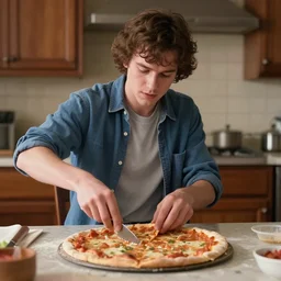 a realistic photo of Steve Harrington from Stranger Things making a pizza, ultra realistic