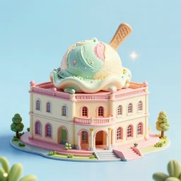 3D render of an Italian villa with an ice cream scoop as the roof, pastel colors, 8k, hd, bloom effect