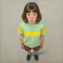 oil painting of a young teenage female with short, brown hair, light red eyes, pale skin, blushing, wearing a light green shirt with two large yellow stripes. she is also wearing brown shorts and black shoes