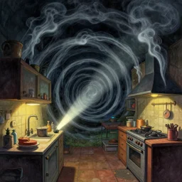 spiral smoke lines, naive nerikomi, weird perspective, extra narrow, detailed illustration of a kitchen dim lit by flashlight in a scenic spiral environment by rhads from lorax movie, trending artstation, true color