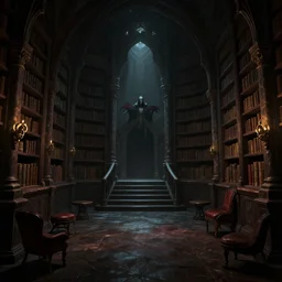 dark sinister vampire lair interior by Rodney Matthews, library, adventure game, inspired by Diablo concept art