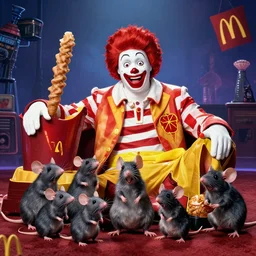 dystopian lovecraftian mcdonalds 2 0 2 0 superbowl commercial starring ronald mcdonald with red eyes and a smiling happy family of rats