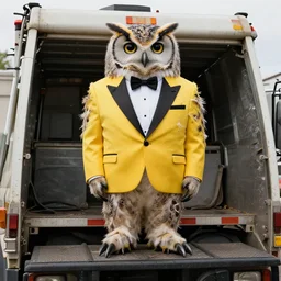 shredded physique feathered round fat beak Portrait of Henry James camouflaged as Owl whilst wearing a yellow tuxedo Standing atop a Garbage Truck Greg Rutkowski Vik Muniz clarence holbrook carter Andrew Wyeth Dan Witz