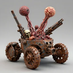 Techno-biological rusty multiple self-propelled rifles M50 Ontos consisting of tumors, meat, veins, bones, guts, kidneys, wires. Biopunk, body-horror, high detail, photorealism, full length view, very rust, concept art, octane render, 16k, 8k