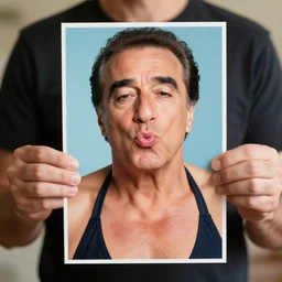 person holding a picture of danny devito making kissy face wearing a mankini, sharp focus, photography, unreal engine, trending on artstation, photorealistic, octane, trending on deviantart