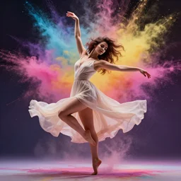 the personification of elegance in a woman in a light summer dress floating in symphony to an emotional dance. high detail fashion advertising shot with an explosion of colorful powder in the background. trending on artstation