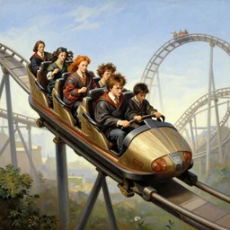 harry potter riding a roller - coaster, renaissance painting