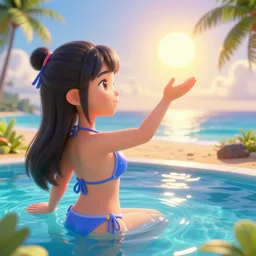 pool party ahri catching the sun in hawaiian beach, ocean in the horizon, 3d render, octane render, 4k, very detailed, volumetric, instagram