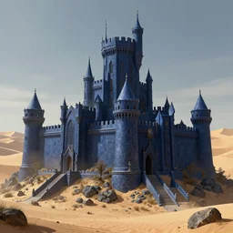 A digital concept art painting of a dark blue medieval european castle in desert, 4K UHD image, unreal engine