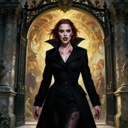 hyperrealistic portrait of amber heard as a vampire witch scratched lacerated furious in a black coat standing in a classical ornate stone gate daydreaming portal. by jeremy mann and alphonse mucha, fantasy art, photo realistic, dynamic lighting, artstation, poster, volumetric lighting, very detailed faces, 4 k, award winning