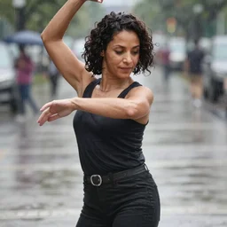 European woman photograph, (dark shorter curly hair), (38 years old), (good looking ), intelligent, dancing in the rain, very detailed , very realistic