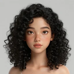 A face shot of a beautiful girl with black curly hair and freckles. Cycles Render