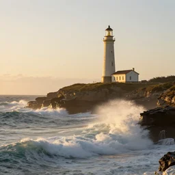 lighthouse on a cliff with crashing waves, classic realism, golden hour,