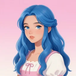 girl with blue hair, lesbian cottagecore, pink gradient background, detailed digital art, trending on artstation