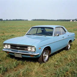 A photograph of a beater!!!!!!!!! Powder Blue Dodge Aspen (1976) in a farm field, photo taken in 1989